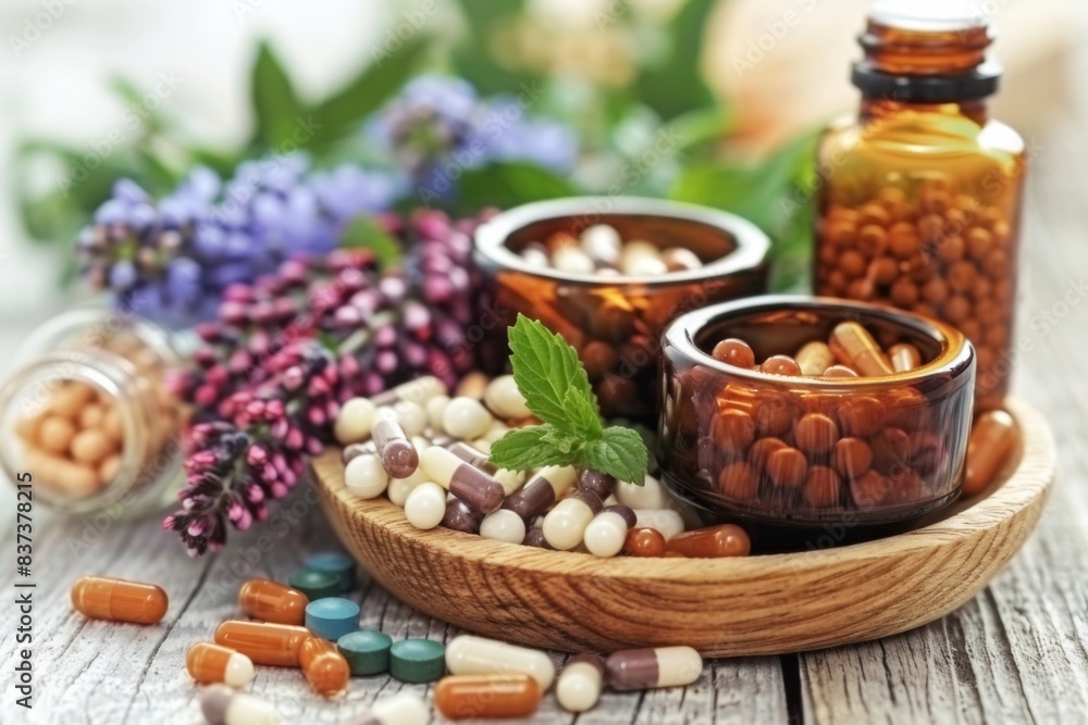 Pills and medication on wooden surface near flowers Pills and medication on wooden surface near flowers
