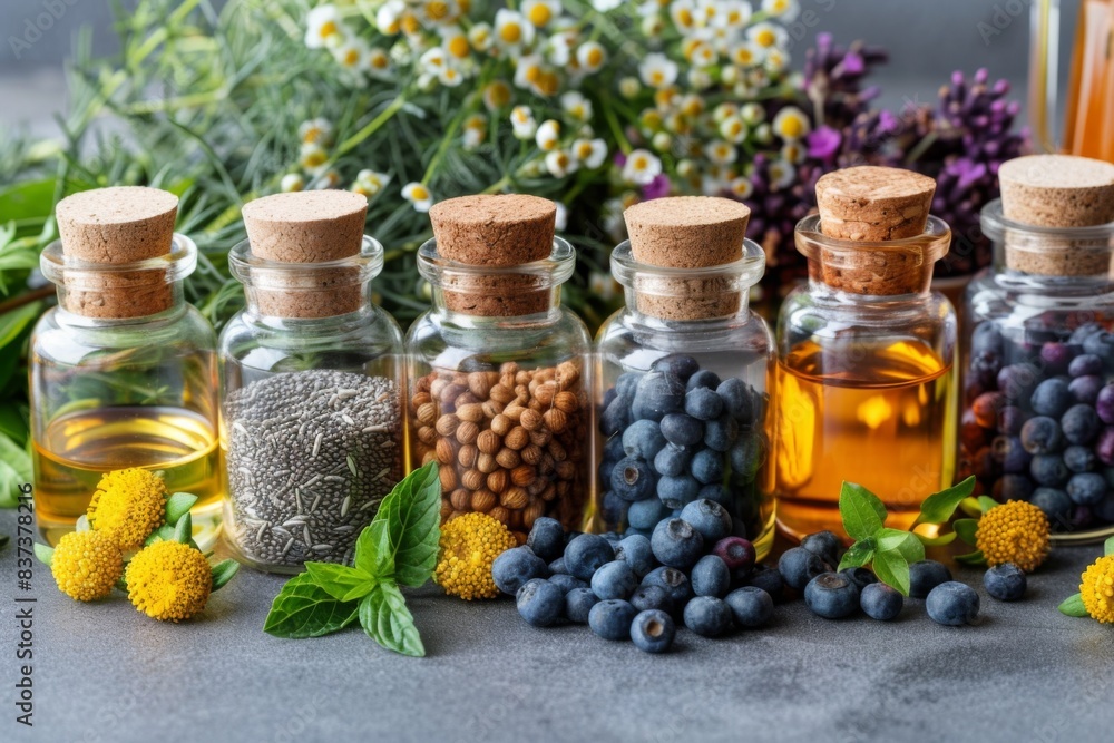 Various bottles oils berries table Various bottles oils berries table