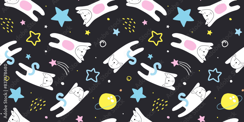 Seamless pattern with cats flying in space. Sleeping animals among stars, planets, comets. Vector graphics. Seamless pattern with cats flying in space. Sleeping animals among stars, planets, comets. Vector graphics.