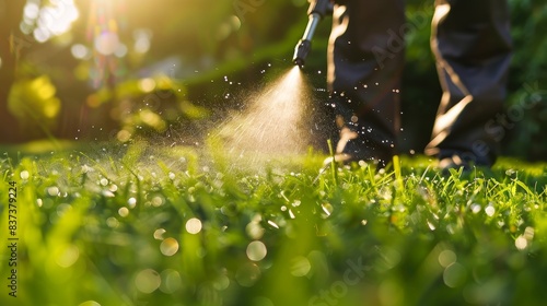 Close-up Spraying Water on Green Grass with Sunlight