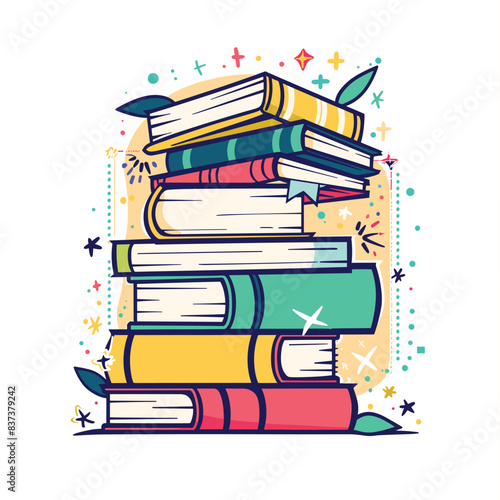 Stack books colorful illustration education learning concept bright colors sparkles stars. Pile textbooks graphic design knowledge reading literature object artwork isolated white background. School