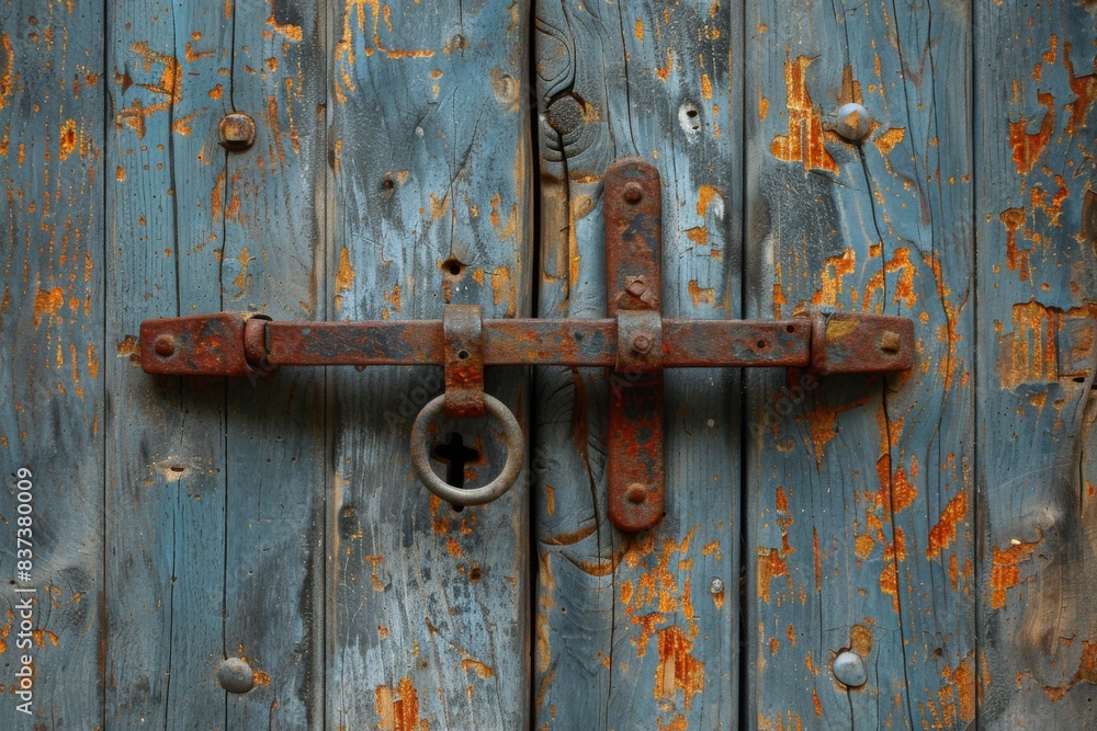 Old lock on wood door with rusty hinges Old lock on wood door with rusty hinges