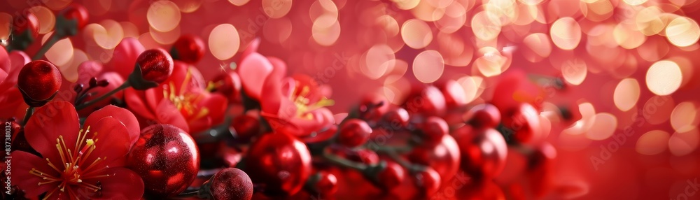Red Christmas Ornament with Flowers and Bokeh Red Christmas Ornament with Flowers and Bokeh
