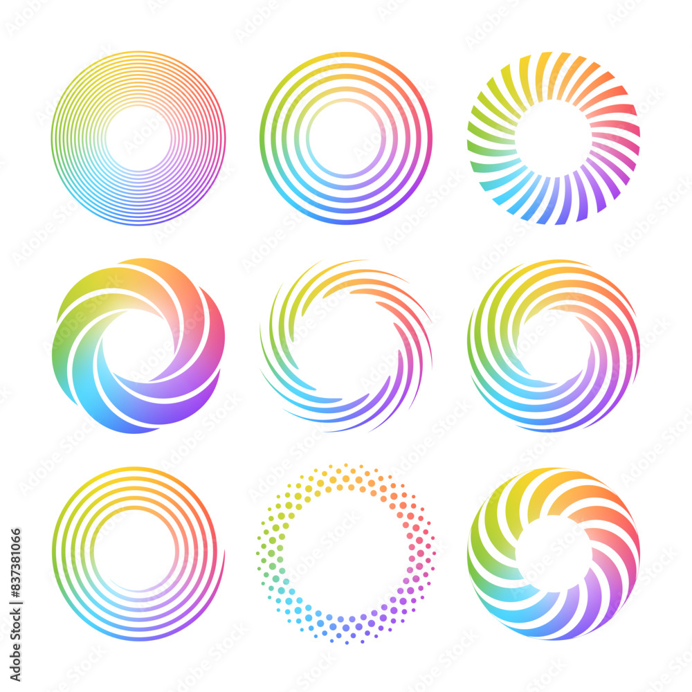 Obraz premium Set of simple spirals. Abstract swirl shapes with multi color gradient. Twisting circles. Summer design elements. Isolated vector icons