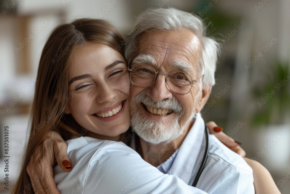 Happy woman embraces elderly man smiling Happy woman embraces elderly man smiling