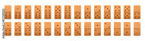 Wooden domino tiles icon full set. Realistic wood dominoes bones. 28 pieces for game graphic element. Vector illustration EPS 10