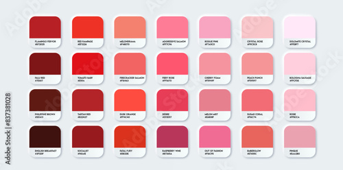 Red and pink pantone color palette set in rgb hex. Red color catalog. Multicolor palette for your design
