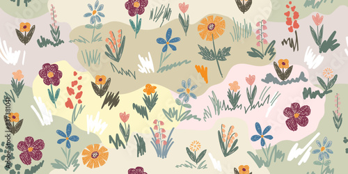 Field, meadow, garden, various bright flowers, grass. Seamless pattern.  Children's drawing style. Drawing with colored pencils. Child's primitive sketch
