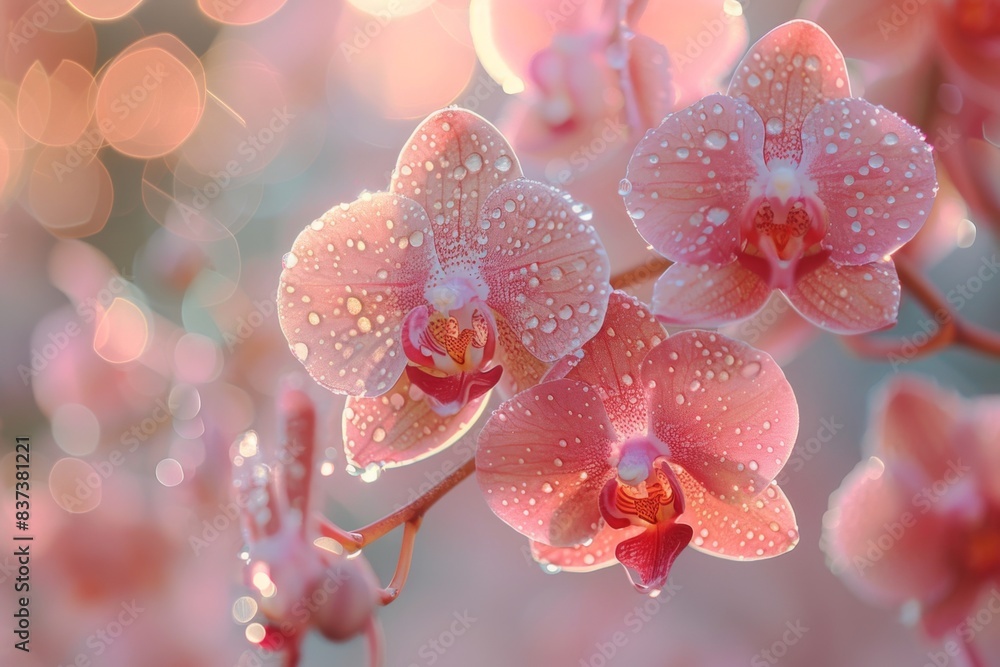 Multiple pink blooms drenched in water Multiple pink blooms drenched in water