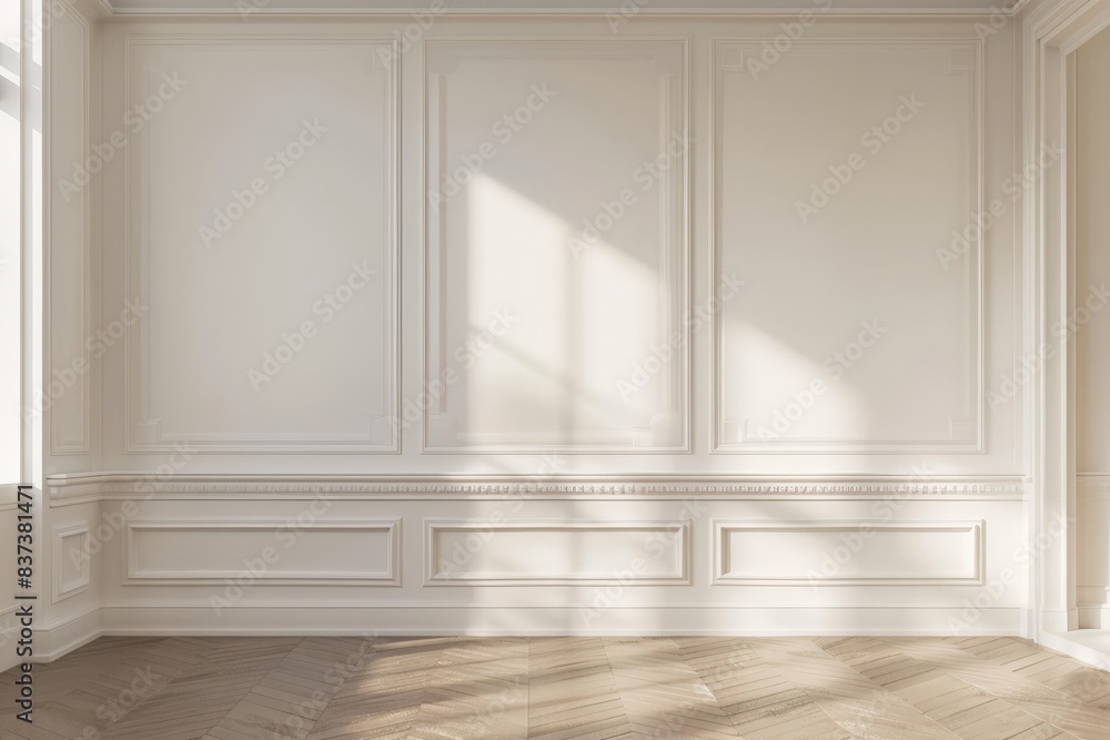 Fototapeta premium Elegant white wall panels with intricate detailing and light wood herringbone floor
