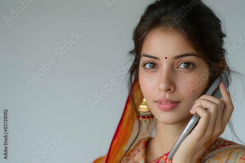 Woman speaking on cellphone with scarf photo