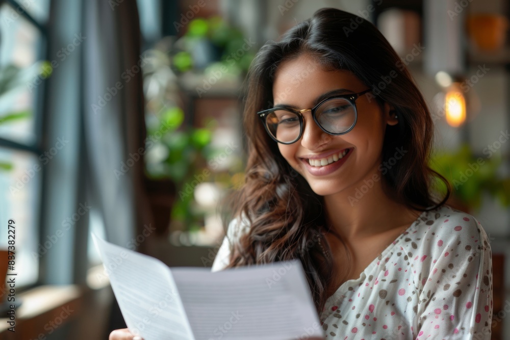 Woman joyfully examines document at cafe Woman joyfully examines document at cafe