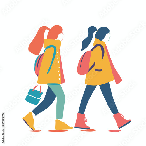 Two young girls walking side side, trendy outfits, casual style. Female friends stride confidently, stylish raincoats, backpacks. Profile view, simplistic design, colorful flat vector illustration