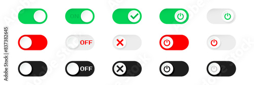 On off toggle buttons or icons, open and close active and inactive buttons, green, red and black toggle buttons on white background eps10