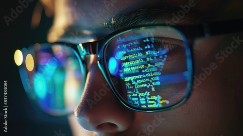 a young man hacker developer coder wears eyeglasses reflecting codes, numbers and data, working on computer , close up on glasses, cyber security concept dark background