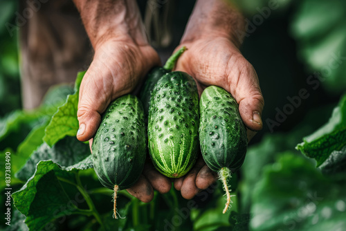 Hands holding freshly picked cucumbers, perfect for illustrating homegrown produce and sustainable gardening. Ideal for content on organic farming, healthy living, and farm-to-table concepts. photo
