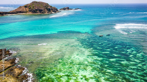 Sticker Aerial view of the popular surfing beach of Tanjung Aan on the island of Lombok,