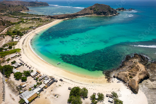 Aerial view of a spectacular sandy tropical beach and warm ocean (Tanjung Aan, Lombok, Indonesia) photo