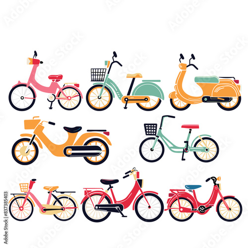 Collection various bicycles scooters flat design isolated white background. Array bikes including classic, vintage, modern electric scooters red, green, yellow colors. Vector illustration photo