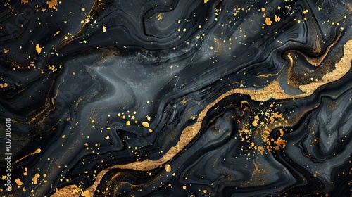 Abstract marble background fluid art black, gold colours background. AI generated illustration