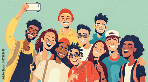 illustration in comic style and vintage look of a modern young group of multiculturle people with handys having fun together