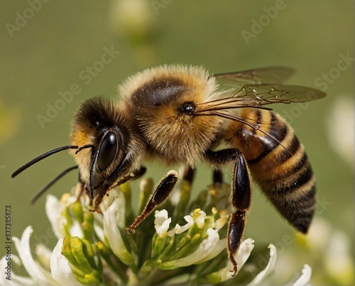 A bee pollinates plants sitting on a flower. Insects and plants. Nature. The bee extracts nectar from the flowers.