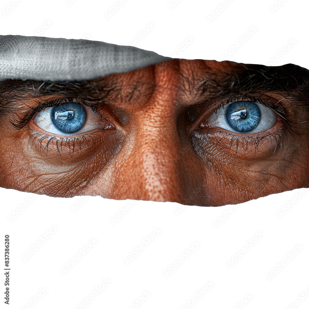 A man's eyes filled with suspicion, separated from the background, with the background removed. Concept of distrust. Generative Ai. A man's eyes filled with suspicion, separated from the background, with the background removed. Concept of distrust. Generative Ai.