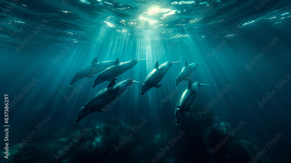 Fototapeta premium Pod Of Dolphins -Marine Mammals, Sea Life, Aquatic, Underwater Photography, Aquatic Photography, Ocean Photography
