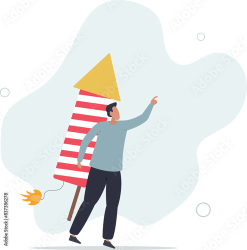 courage businessman with firework booster starting to fly.flat vector illustration.
