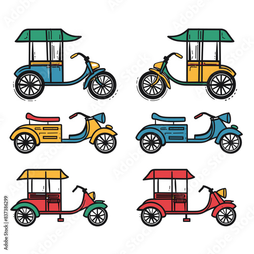 Four colorful tuk tuk illustrations, traditional Asian transportation, stylized differently various colors details. Simple lines, vivid colors, clear outlines easy identification