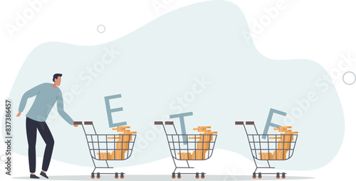 shopping carts or trolley full of Dollar money coins with alphabet combine the word ETF.flat vector illustration.