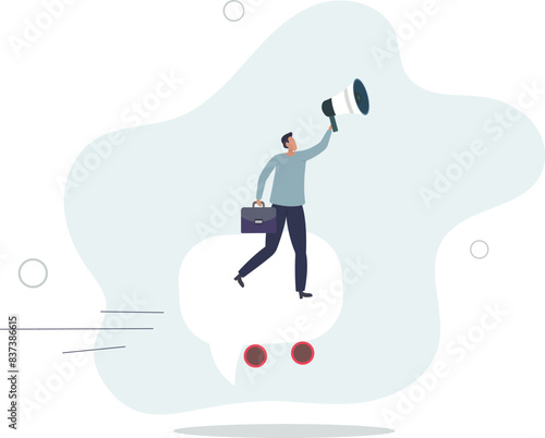 smart businessman riding fast speech bubble holding megaphone to telling message.flat vector illustration.