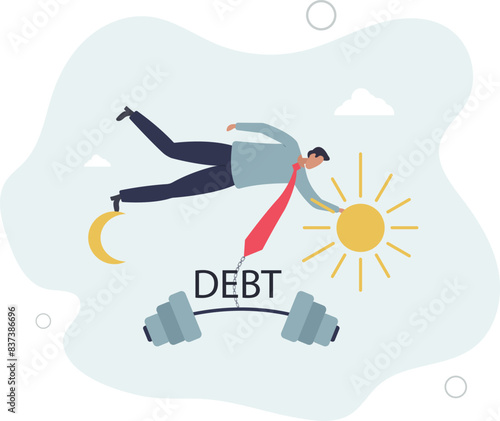 tried businessman holding on the moon and sun with heavy weight with the word debt.flat vector illustration.