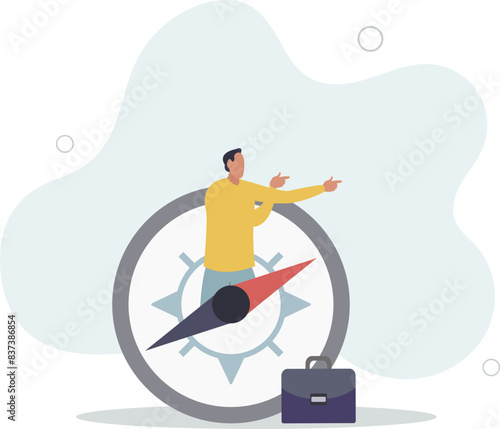 businessman at the center of magnetic compass pointing to guide direction .flat vector illustration.