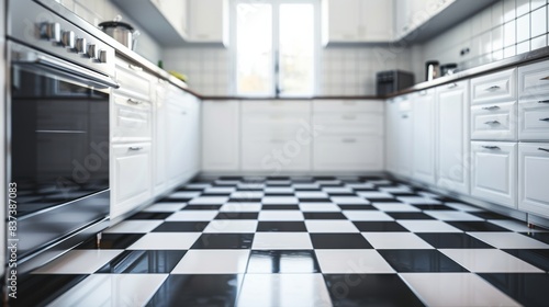 A kitchen with a black and white checkered floor in the middle, AI