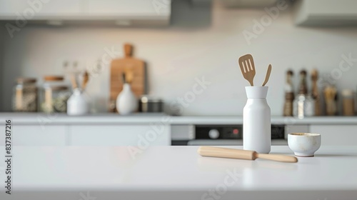 A white counter with a cup and spoon on it next to an empty bottle  AI