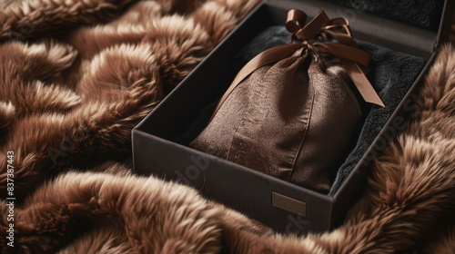 Showcase Premium Elegance, Utilize our high quality image of a dust bag placed in sophisticated packaging, featuring a plush dark coffee fur background. Perfect for marketing high-end accessories 