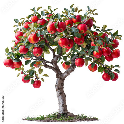 The apple tree is loaded with ripe, red apples, ready to be picked and enjoyed. photo