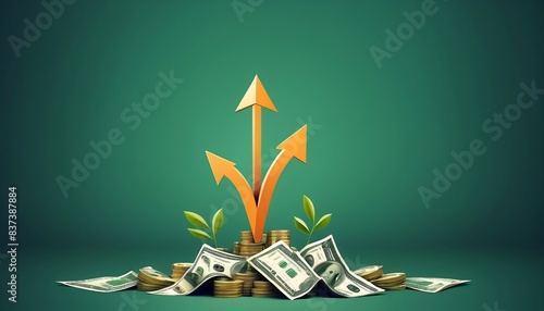 Abstract wealth growing money arrow upside background, digital illustration created with generative ai. photo