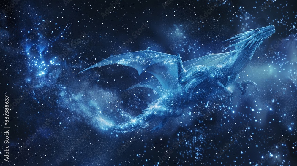 Ethereal dragon flying through a starry night sky, leaving a trail of ...