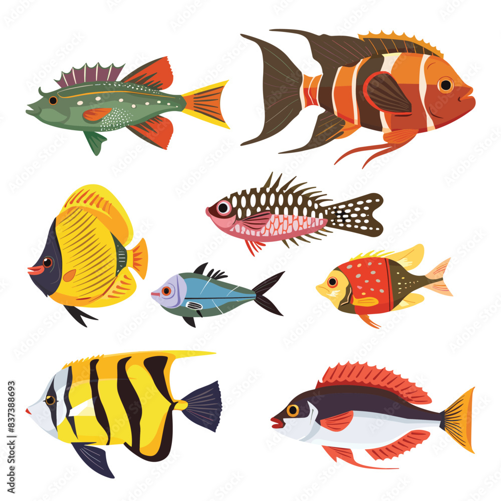 Fototapeta premium Collection tropical fish different species colorful aquatic life isolated white background. Brightly colored tropical fish, variety shapes sizes, cartoon style, marine life diversity graphic. Exotic