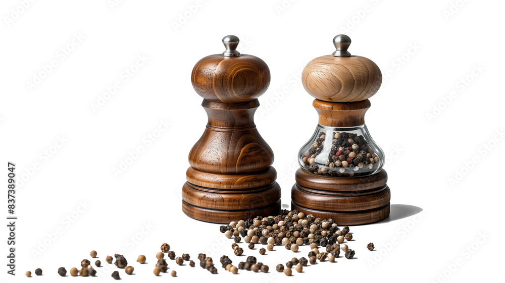 Two wooden pepper mills with peppercorns scattered in front Two wooden pepper mills with peppercorns scattered in front
