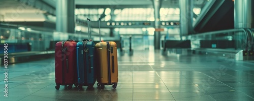 Two suitcases are sitting on the floor in a large airport terminal. The scene is bustling with activity