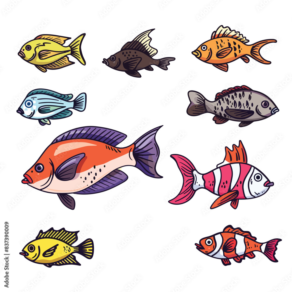 Fototapeta premium Collection colorful tropical fish cartoons isolated white. Vibrant marine life aquatic creatures illustration. Set exotic fish species drawings, handdrawn animal designs
