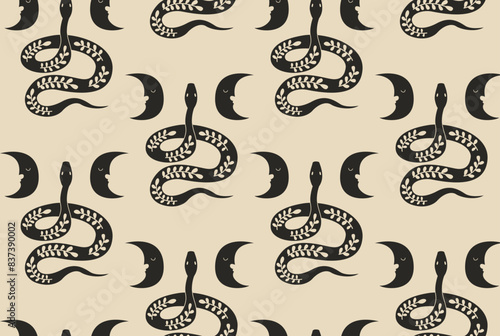 Bohemian seamless pattern with snakes and moon. Vector flat mystical minimalist background