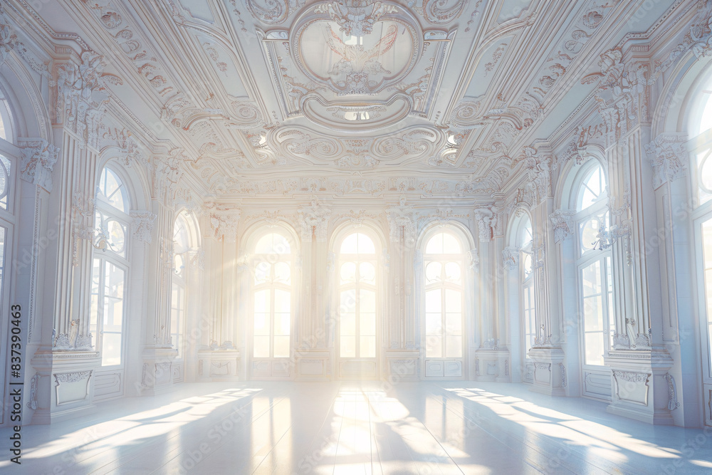 Sunlight streaming through large windows illuminating empty white ballroom