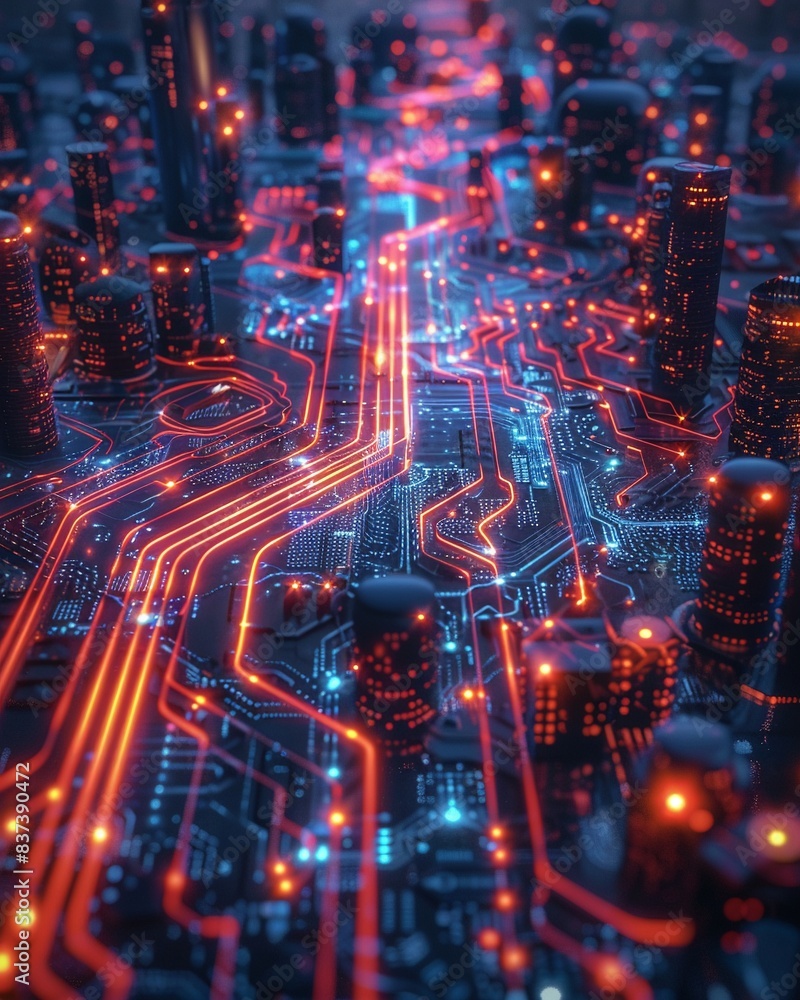 3D roadmap weaving through neon circuitry, birdseye, glowing nodes, digital innovation theme 3D roadmap weaving through neon circuitry, birdseye, glowing nodes, digital innovation theme
