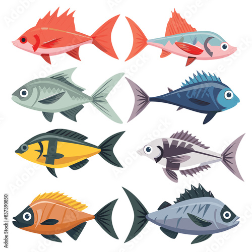 Cartoon fish collection featuring colorful marine life. Tropical freshwater fish varieties playful, vibrant style. Set against isolated white background, suitable educational content