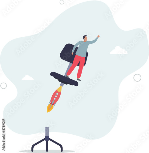 businessman sitting on take off office chair with jetpack or rocket booster.flat vector illustration.