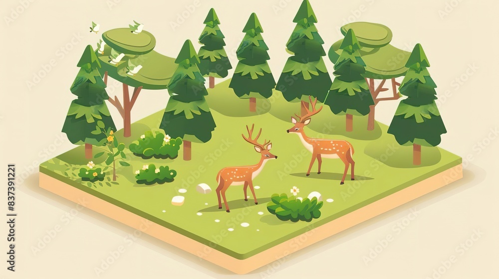 Fototapeta premium Isometric illustration of two deer in a forest clearing. The wonders of nature, animals and ecosystems concept.